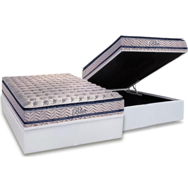 Colchão Casal Blue + Base Box Baú Corino Branco – PAROPAS + ALTO NÍVEL CAMAS E COLCHÕES