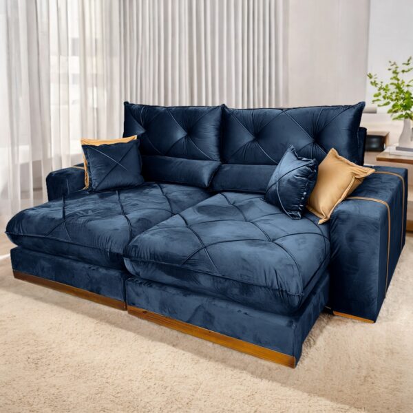 Sofá Retrátil e Reclinável Gran Bello 2,50 m Veludo Azul - IMPÉRIO DECOR
