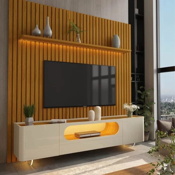 Painel Nobre 230 Naturale + Rack Nobre 210 (Pés de Vidro) Off White/Naturale - GELIUS
