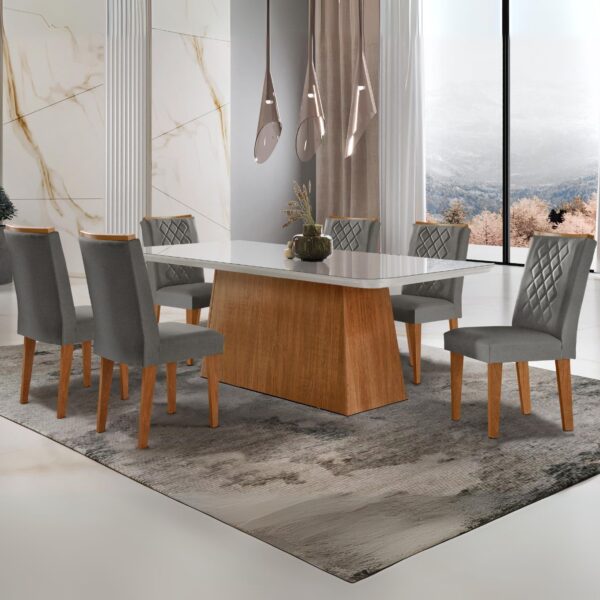 Mesa Luna 180 Canto Copo Imbuia/Ripado/Off White com 6 Cadeiras Jade Linho Grafite – RUFATO