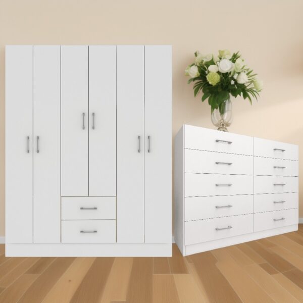 Guarda-Roupa 6 Portas Jamaica 6002 + Cômoda 10 Gavetas Caribe Branco – FELLICCI