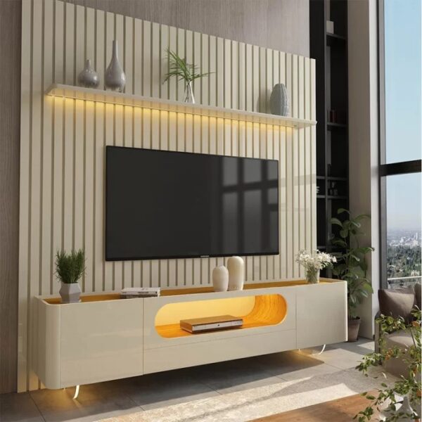 Painel Nobre 230 Off White + Rack Nobre 210 (Pés de Vidro) Off White/Naturale - GELIUS