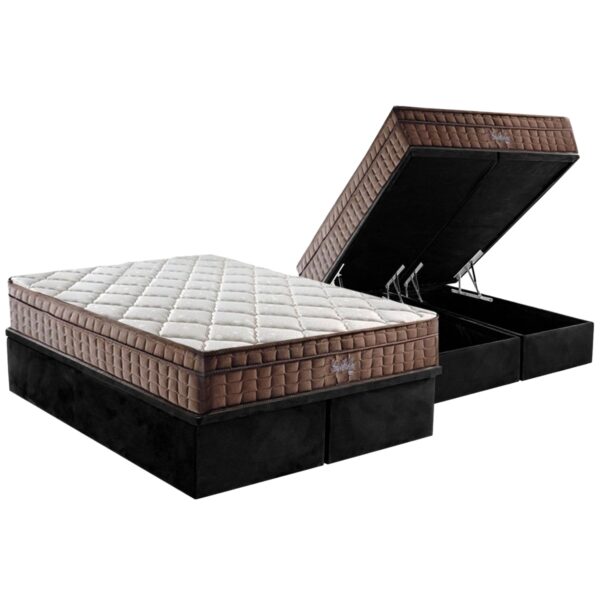Colchão Queen Star One D28/AG D70 + Base Box Baú Corino Preto - ANJOS COLCHÕES + ALTO NÍVEL CAMAS E COLCHÕES