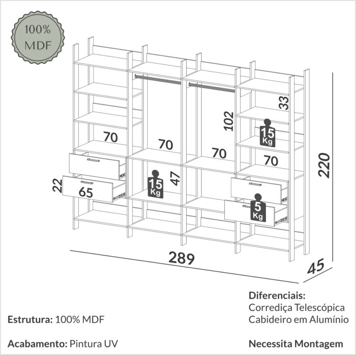 Closet 4 Torres TW406 2,89 m Off White/Freijó - DALLA COSTA - Imagem 2