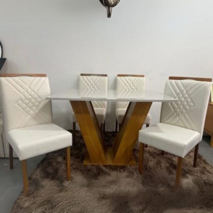 Mesa Classic 120 Cinamomo/Off White com 4 Cadeiras Helena Veludo Bege – CEL MÓVEIS + OURO DECOR