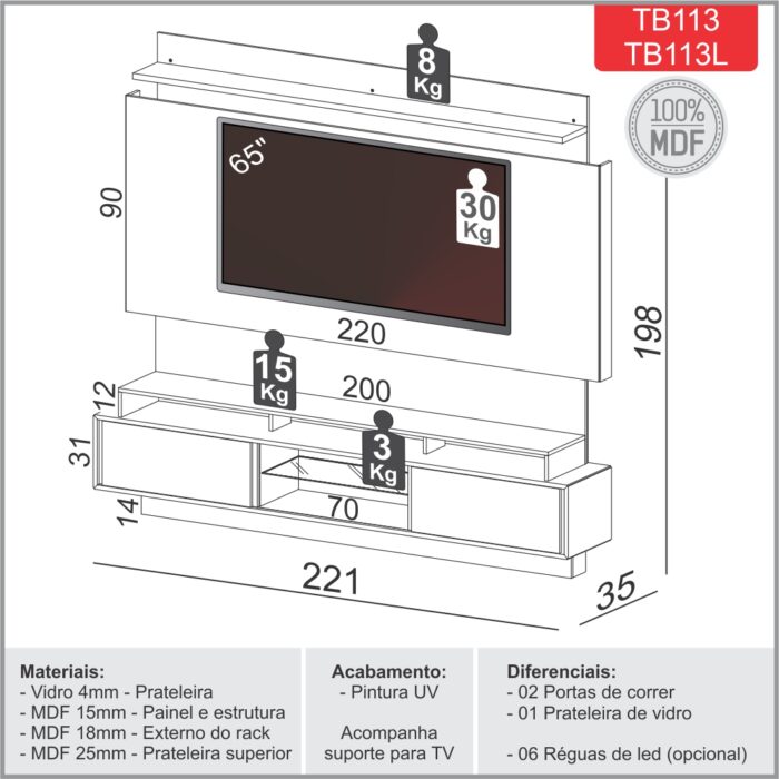 Estante Home até 65″ Vera TB113L Off White/Freijó – DALLA COSTA - Imagem 5