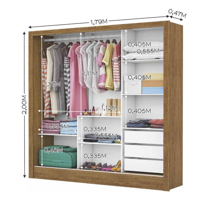 Guarda-Roupa 3 Portas Dubai/Santiago (Sem espelho) Cinamono/Branco  – CARIOCA MÓVEIS - Imagem 4