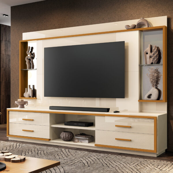 Home Theater até 75” Leni Off White/Cedro Natural – EDN MÓVEIS