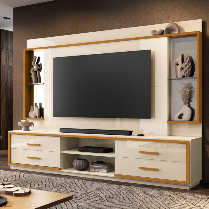 Home Theater até 75” Leni Off White/Cedro Natural – EDN MÓVEIS