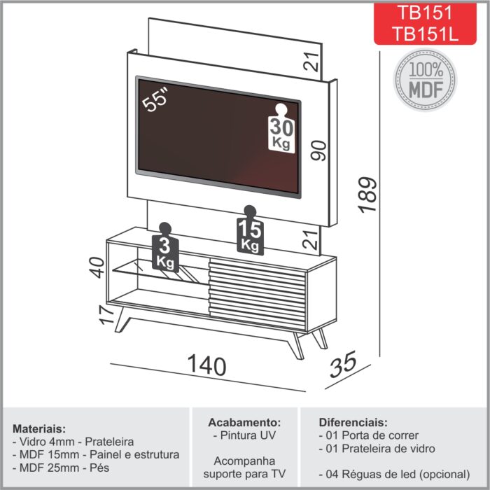Home p/ TV até 55” Unicke – 100% MDF – P/ Tv Até 55'' – OffWhite/Freijó – DALLA COSTA - Imagem 4