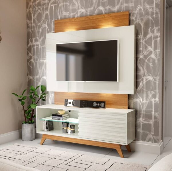 Home p/ TV até 55” Unicke – 100% MDF – P/ Tv Até 55'' – OffWhite/Freijó – DALLA COSTA