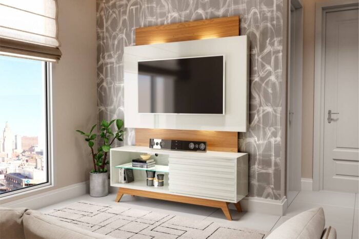 Home p/ TV até 55” Unicke – 100% MDF – P/ Tv Até 55'' – OffWhite/Freijó – DALLA COSTA - Imagem 2
