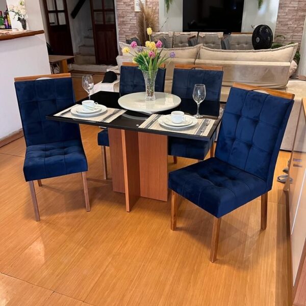 Mesa Los Angeles 90 Cinamono/Preto com 4 Cadeiras Sophia/Capri Veludo Azul – MINASPLAC + WM DECOR