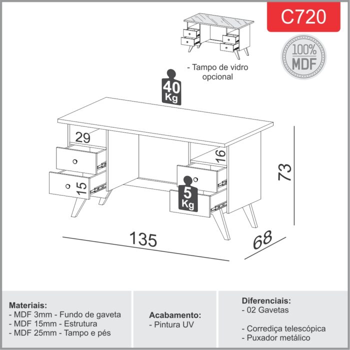 Mesa de Escritório C720VW Off White/Freijó - DALLA COSTA - Imagem 2