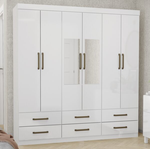 Guarda-Roupa 6 Portas(Com Espelho/Sem Pés)Dallas 1,53 m Branco – CARIOCA MÓVEIS