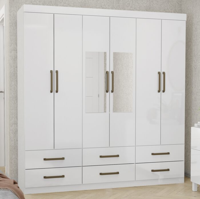 Guarda-Roupa 6 Portas(Com Espelho/Sem Pés)Dallas 1,53 m Branco – CARIOCA MÓVEIS