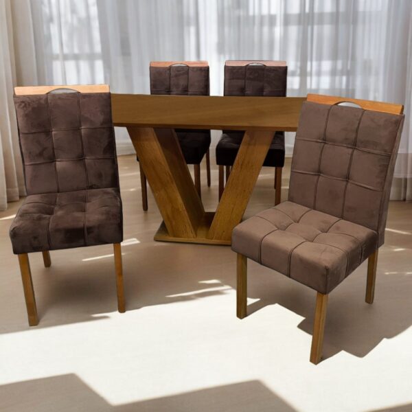Mesa Classic 120 Cinamomo Laminado com 4 Cadeiras Sophia Mel/Veludo Marrom – CEL MÓVEIS + WM DECOR