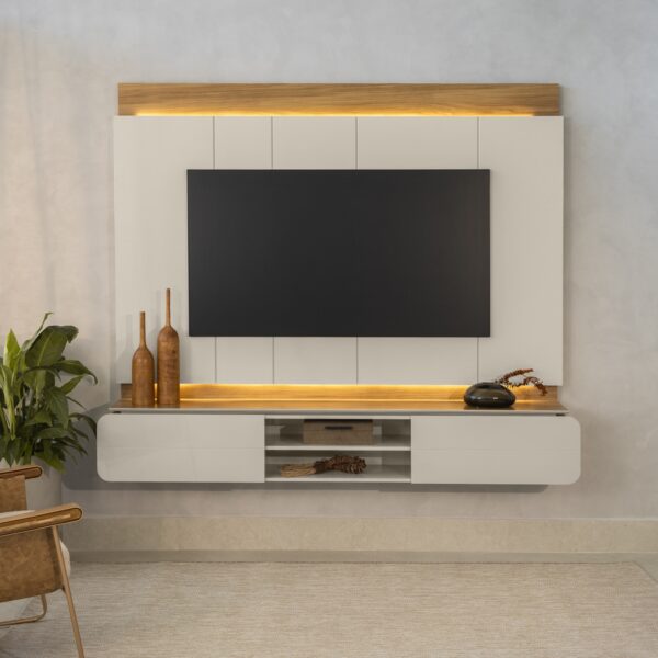 Painel Home até 75" Zurique Tauari/Off White Brilho - LINEA BRASIL