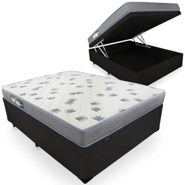 Colchão Casal Light D33 + Base Box Baú Avalon Corino Preto - ORTOBOM + AVALON COLCHÕES