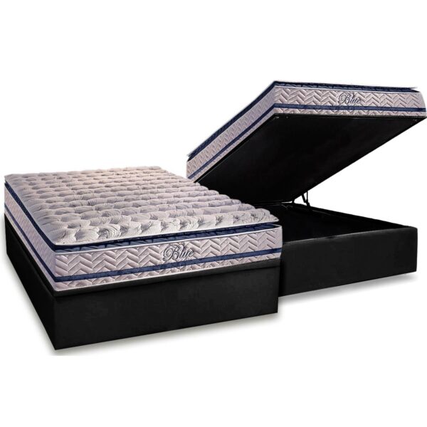 Colchão Casal Blue + Base Box Baú Corino Preto – PAROPAS + ALTO NÍVEL CAMAS E COLCHÕES