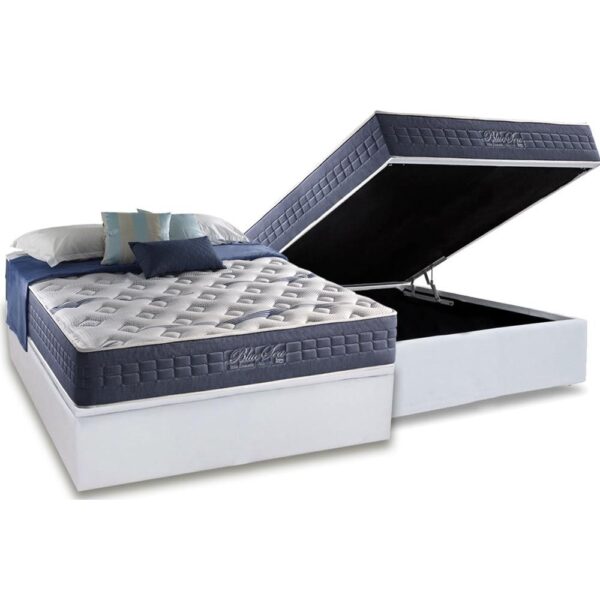 Colchão Casal Blue Sea D28 + Base Box Baú Branco – ANJOS COLCHÕES + BIOSTAR