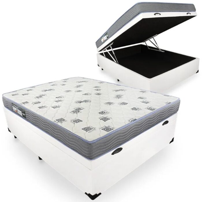 Colchão Casal Light D33 + Base Box Baú Avalon Corino Branco - ORTOBOM + AVALON COLCHÕES