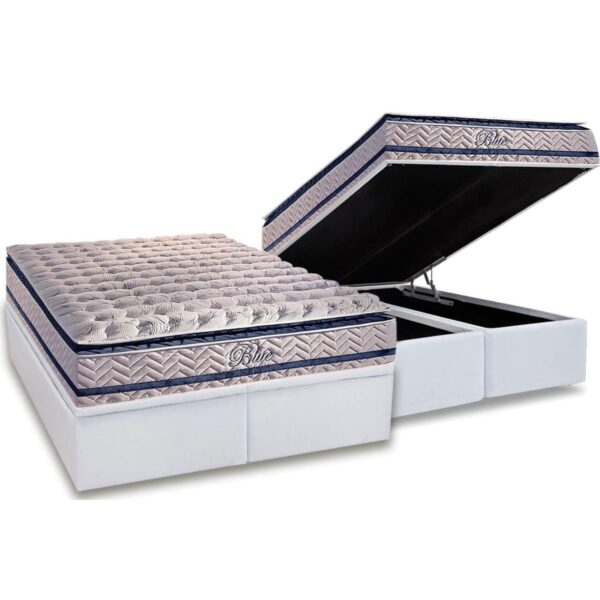 Colchão Queen Blue + Base Box Baú Corino Branco – PAROPAS + ALTO NÍVEL CAMAS E COLCHÕES