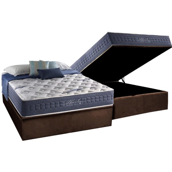 Colchão Casal Blue Sea D28 + Base Box Baú Corino Marrom – ANJOS COLCHÕES + ALTO NÍVEL CAMAS E COLCHÕES
