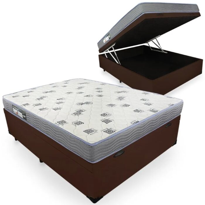 Colchão Casal Light D33 + Base Box Baú Avalon Corino Marrom - ORTOBOM + AVALON COLCHÕES