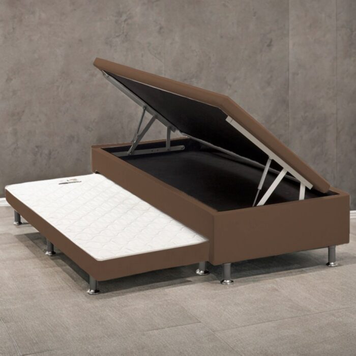 Base Box Solteiro Baú com Auxiliar Corino Marrom – ALTO NÍVEL CAMAS E COLCHÕES