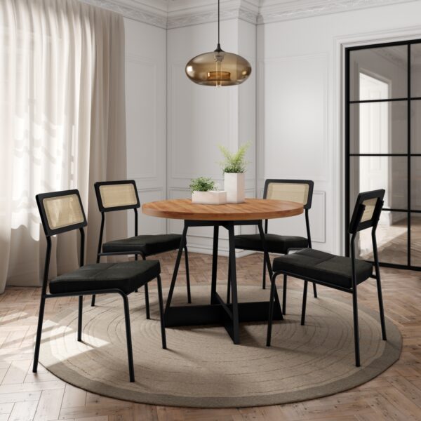 Mesa Átria 1594 Redonda 100 Preto/Nogal com 4 Cadeiras Lux 1741 Preto/Linho Grafite/Corino Preto - CARRARO MÓVEIS