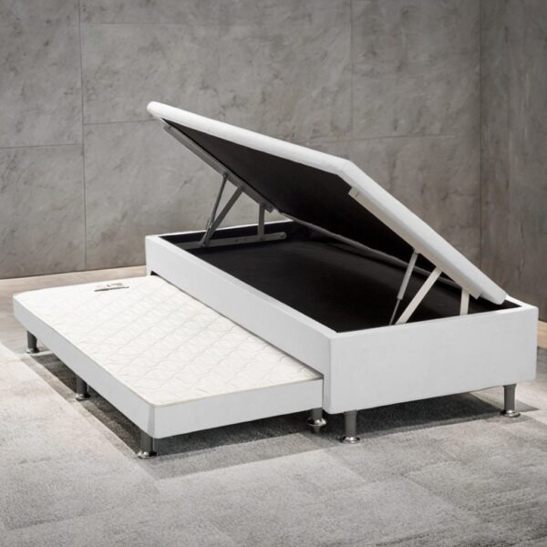 Base Box Solteiro Baú com Auxiliar Corino Branco - ALTO NÍVEL CAMAS E COLCHÕES