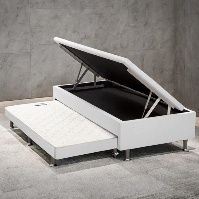 Base Box Solteiro Baú com Auxiliar Corino Branco - ALTO NÍVEL CAMAS E COLCHÕES