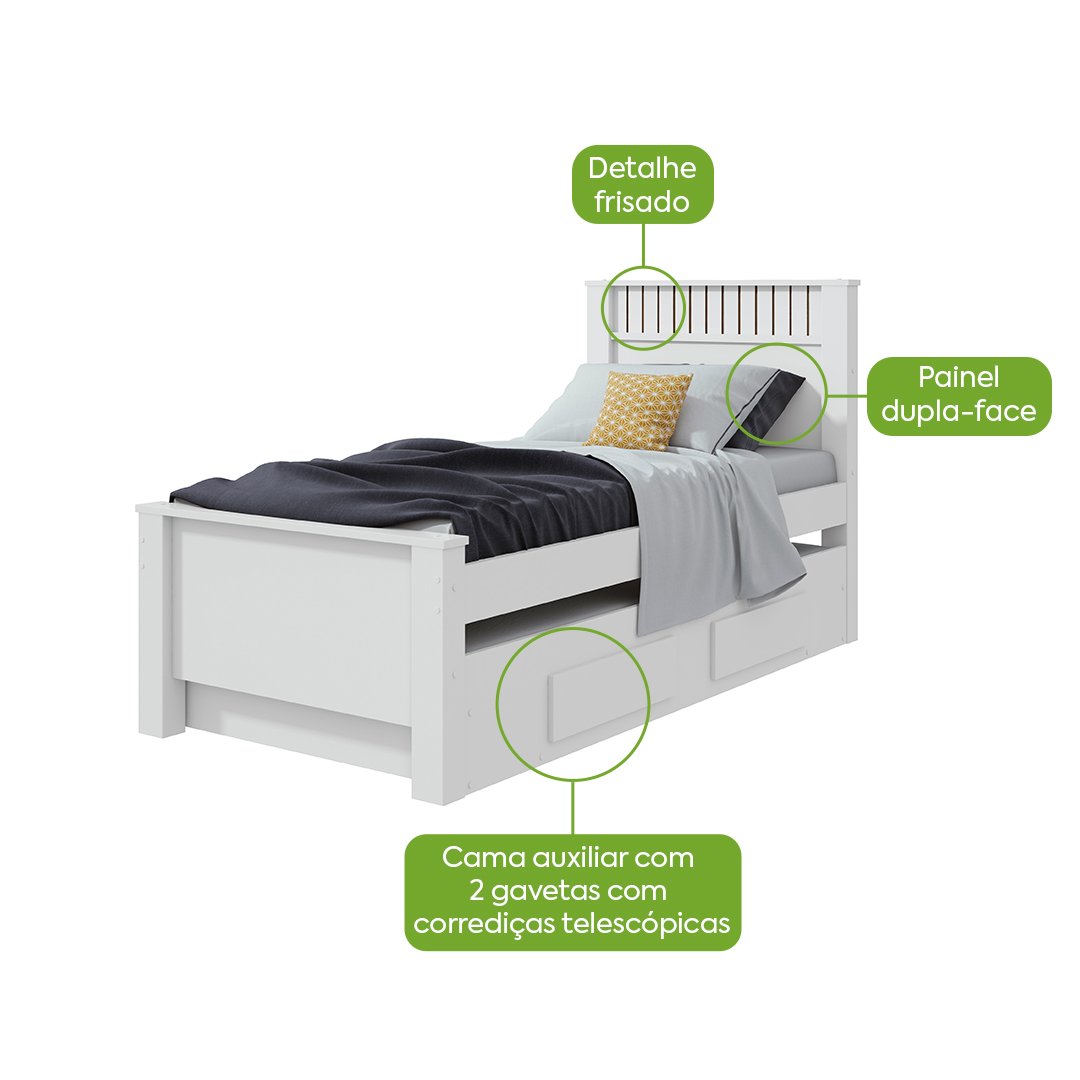 Cama Solteiro Athenas com Auxiliar Branco – LOPAS - Imagem 2