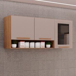 Armário Aéreo 3 Portas Vidro Fumê New Valência Cinamomo/off White – SallÊto