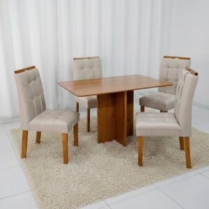 Mesa Salinas 120 (Tampo Londres s/ vidro) Cinamomo com 4 Cadeiras Sophia Veludo Bege – CEL MÓVEIS + WM DECOR