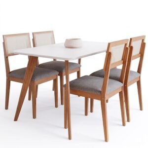 Mesa Acerola 130 (C/Vidro) Madeira/Off White com 4 Cadeiras Encanto Linho Cinza Grafite – CIMOL