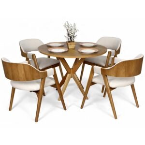 Mesa Redonda Simpatia 108 Cinamomo com 4 Cadeiras Pérola Linho Areia – JCM MOVELARIA + WJ DECOR