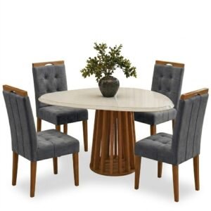 Mesa Lavanda BA45 135 Canela/Off White com 4 Cadeiras Sophia Veludo Cinza Grafite 102 – KAPPESBERG + WM DECOR