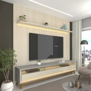 Painel até 85″ Nobre 230 Off White + Rack Requinte 212 Cinza/Off White – GELIUS