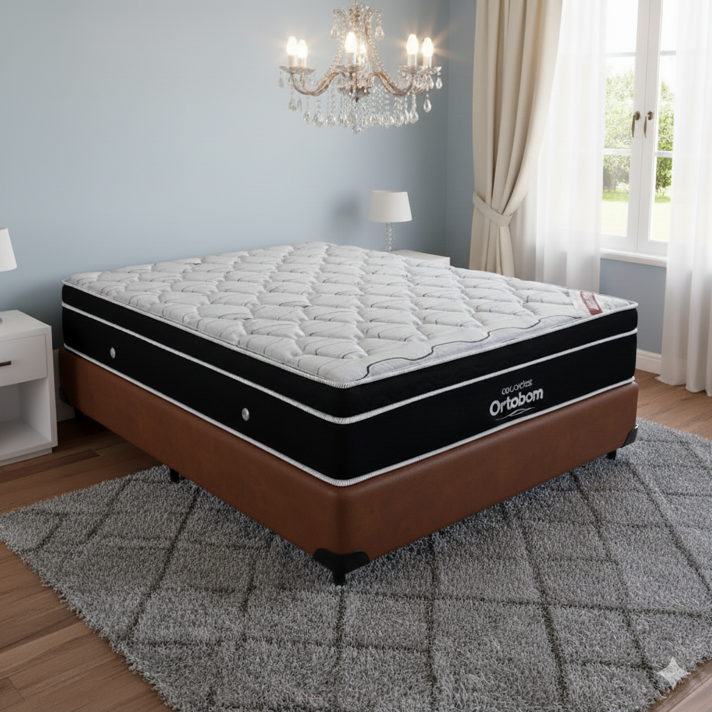 Colchão Casal Elegant Superpocket 28 cm D33 Molas Ensacadas + Base Simples Corino Marrom – ORTOBOM + BIOSTAR