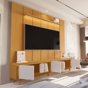 Painel até 75″ Lumi 2,19 m Cedro + Rack Liv 2,18 m Cedro/Off White – EDN MÓVEIS