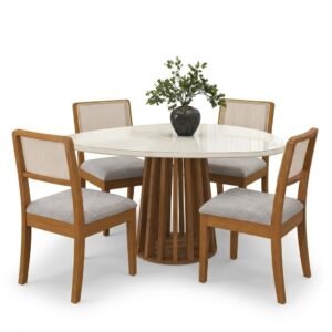 Mesa Lavanda BA45 135 Canela/Off White com 4 Cadeiras Lola 2CMM004CA Linho Gelo A077A – KAPPESBERG