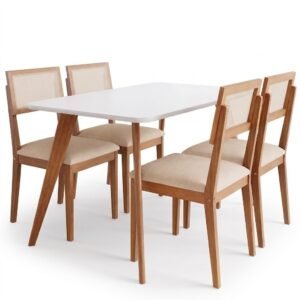 Mesa Acerola 130 (C/Vidro) Madeira/Off White com 4 Cadeiras Encanto Linho Bege – CIMOL