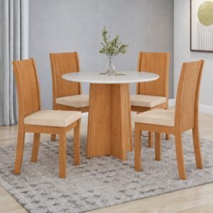 Mesa Redonda Celebrare 100 Amêndoa Clean/Off White com 4 Cadeiras Athenas Linho Bege – LOPAS