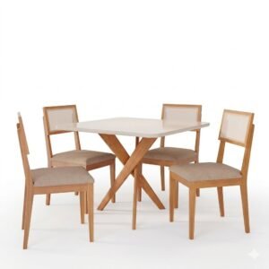 Mesa Cacau 95 (C/Vidro) Madeira/Off White com 4 Cadeiras Encanto Linho Bege – CIMOL