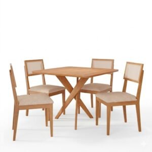Mesa Cacau 95 (S/Vidro) Madeira/Off White com 4 Cadeiras Encanto Linho Bege – CIMOL