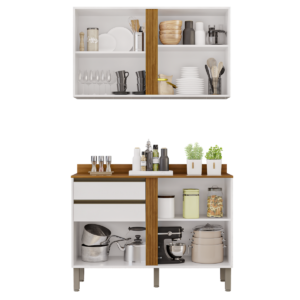 Armário Aéreo 2 Portas + Balcão Pérola 1,20 m Branco/Cinamomo  – SALLÊTO