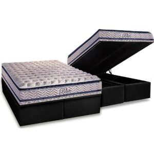 Colchão Queen Blue 32 cm H33 Molas Ensacadas + Base Baú Corino Preto – PAROPAS + ALTO NÍVEL