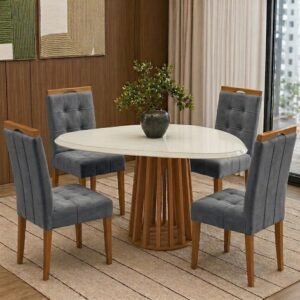 Mesa Lavanda BA45 135 Canela/Off White com 4 Cadeiras Sophia Veludo Cinza Grafite 102 – KAPPESBERG + WM DECOR